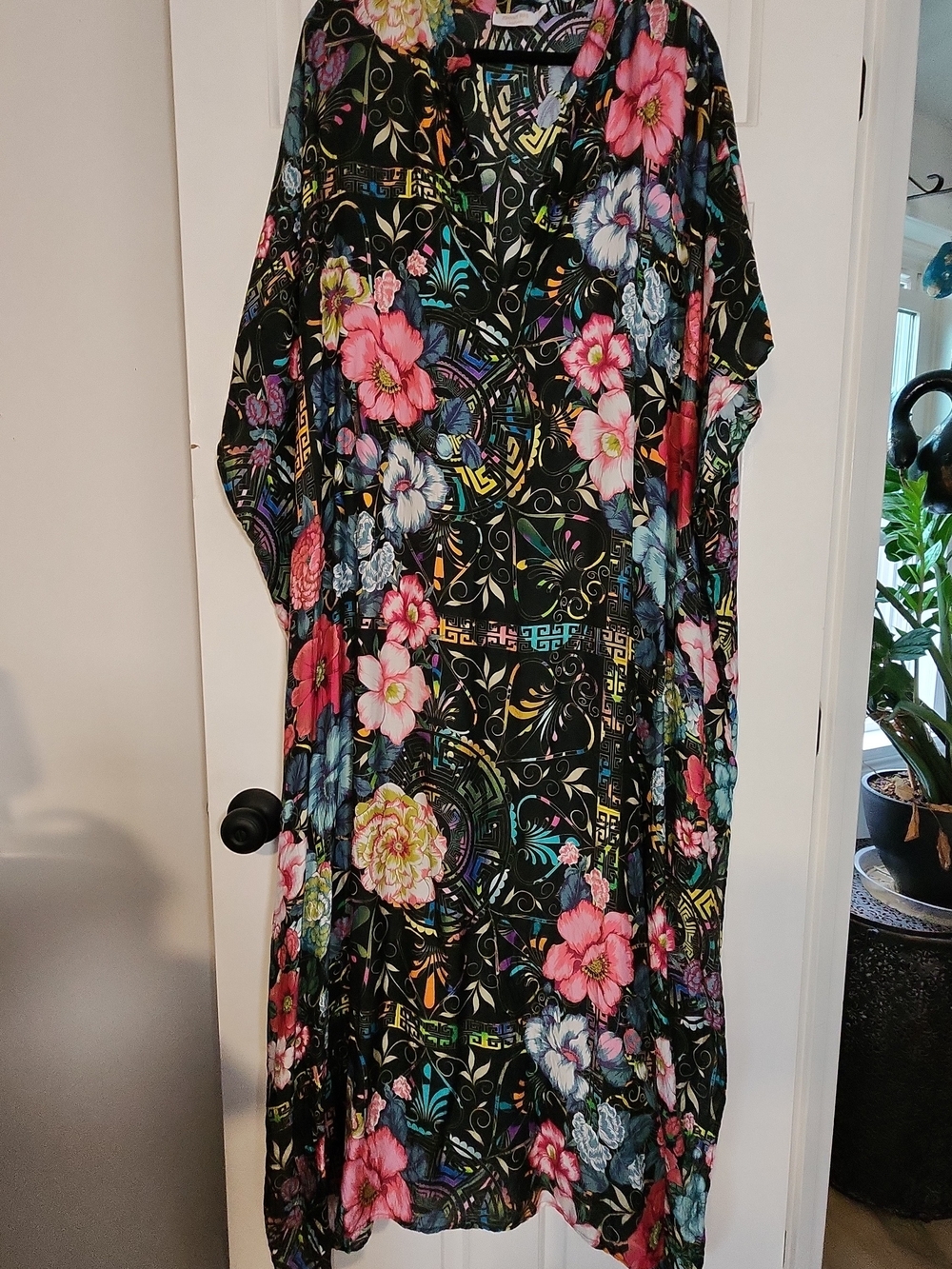 Johnny Was California 1X Silk Blend Floral Maxi Caftan Dress Black Multicolor